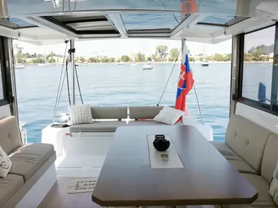 Salon of Sunny, a Bali Catspace catamaran at Municipal Unit of Lefkada, Greece